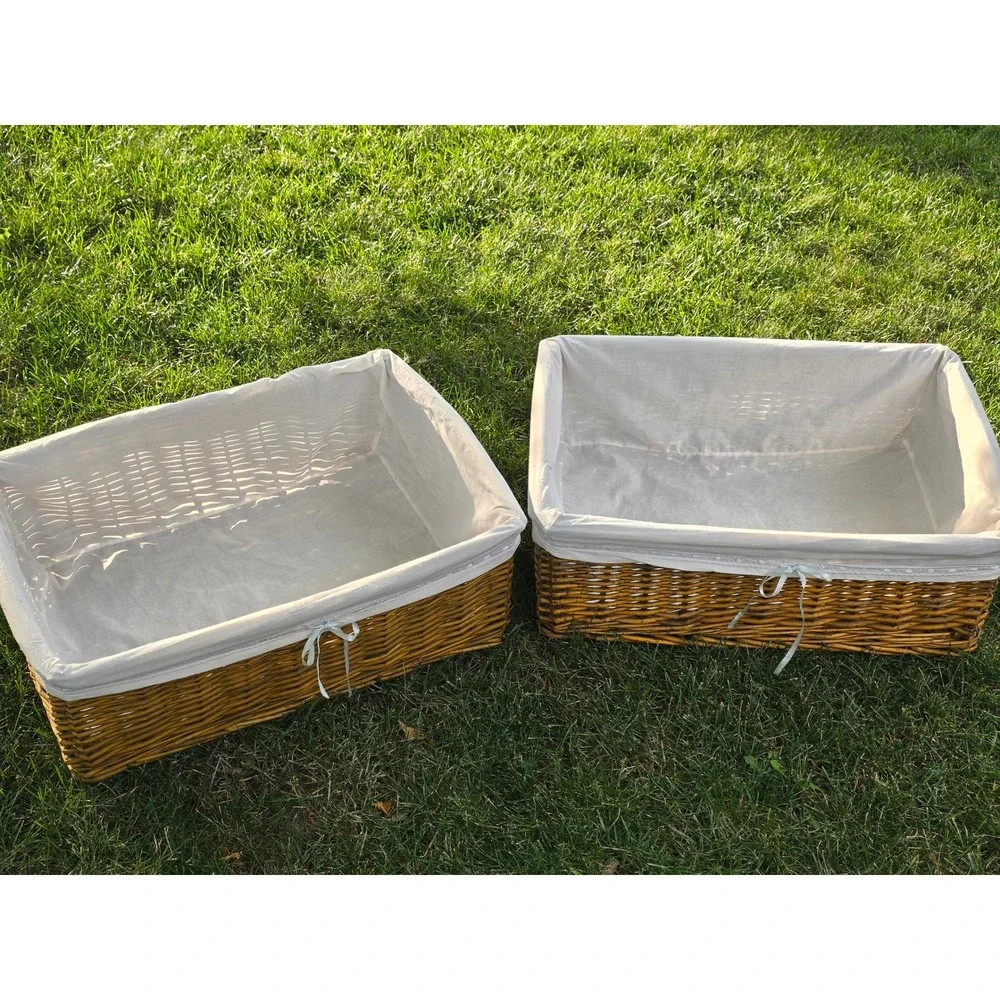 Set of 2 Woven Willow Storage Baskets with Lace Trim Fabric Liners Brown White